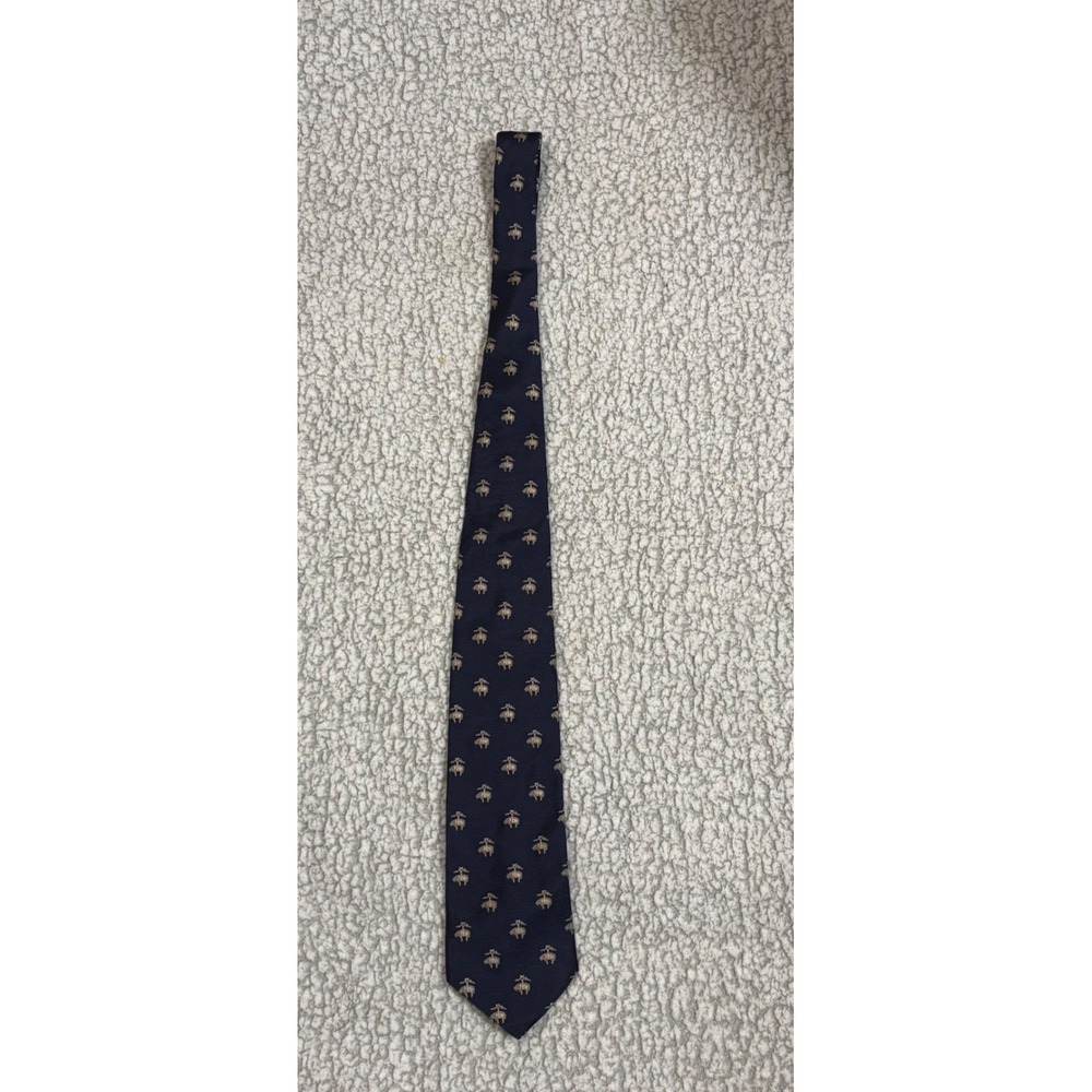 Brooks Brothers Makers Silk Tie‎ Navy Blue Gold Fleece Logo Woven in England USA